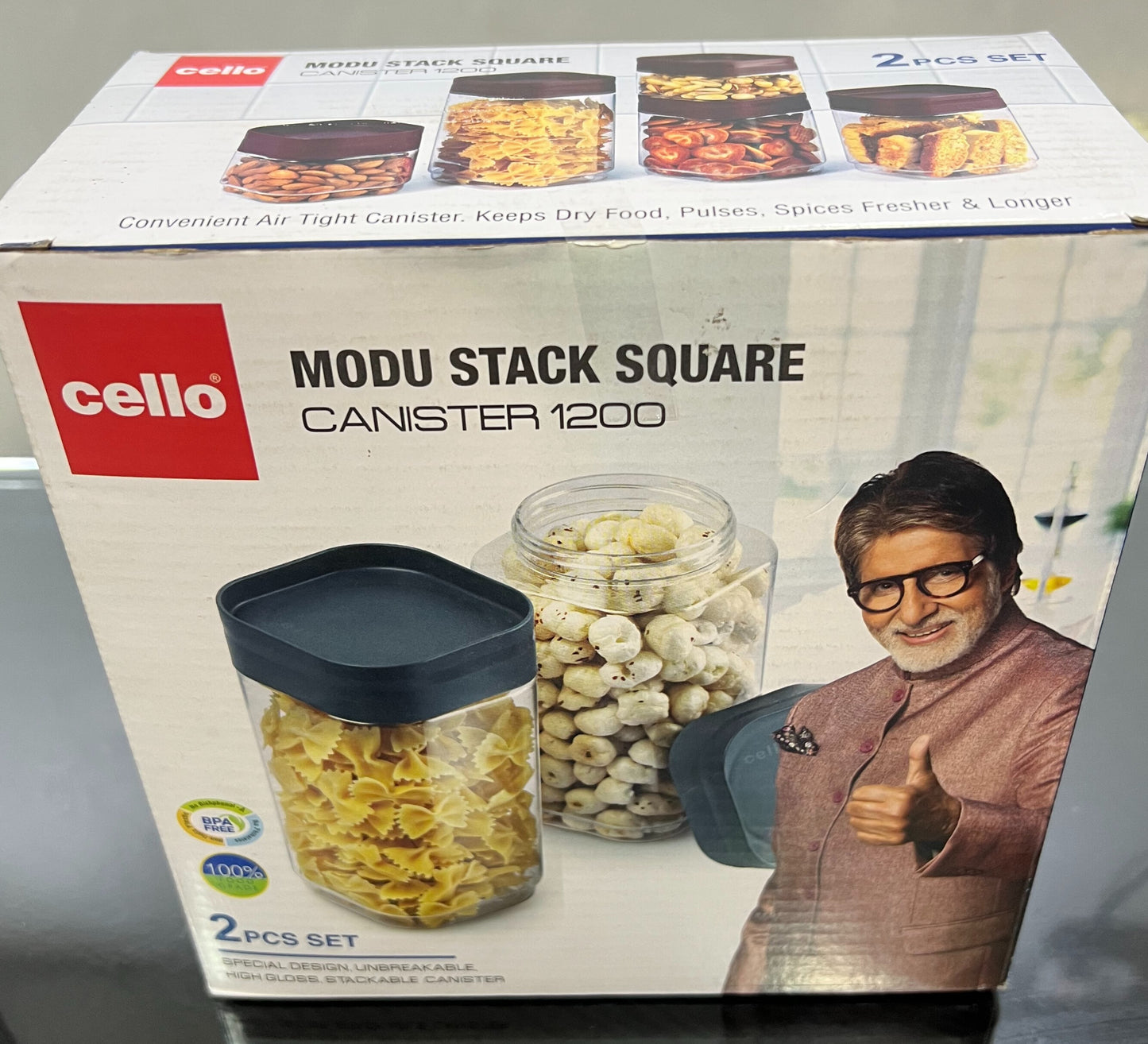 CELLO Modustack Square Containers | Air Tight Lid and Stackable | Set 0f 2 | 1200 ML