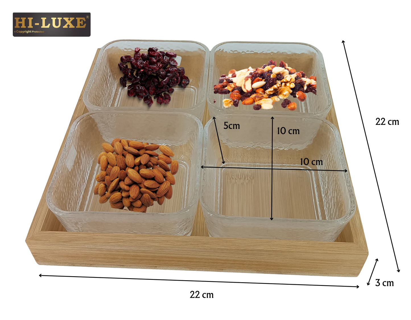 HILUXE Maryland Wooden/Glass Dry Fruit/Snack Server With Airtight Wooden Lid | 4 Square Glass Bowls With Wooden Tray - Premium Dry Fruit Set from Hiluxe - Just Rs. 1238! Shop now at Surana Sons