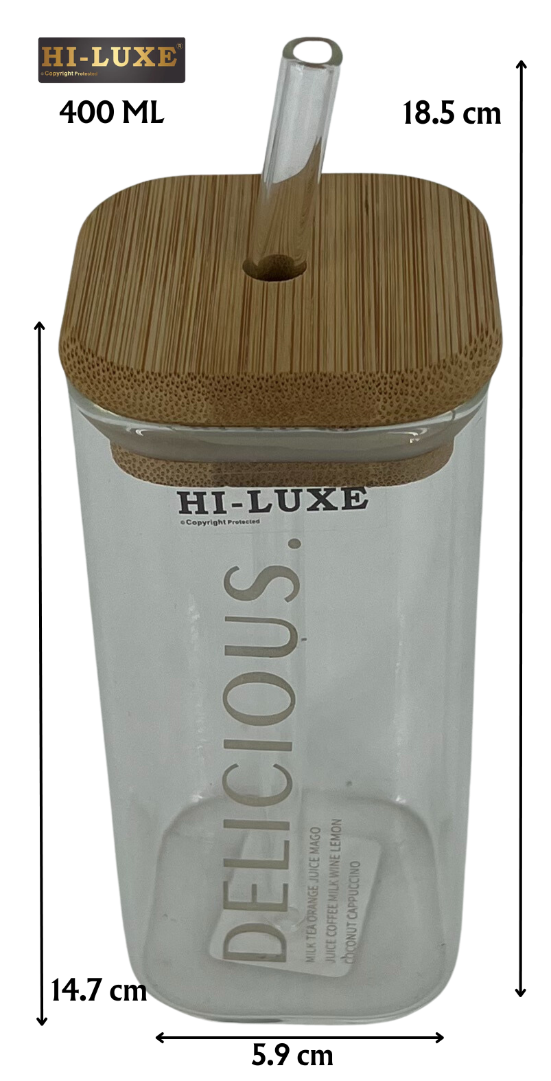 HILUXE Square Glass Mason Jars with Glass Straw and Airtight Wooden Lids for Juice, Iced Tea, Smoothie, Cold Coffee | Feather Light Borosilicate Glass | Set 0f 2 - Premium glass tumblers from Hiluxe - Just Rs. 460! Shop now at Surana Sons