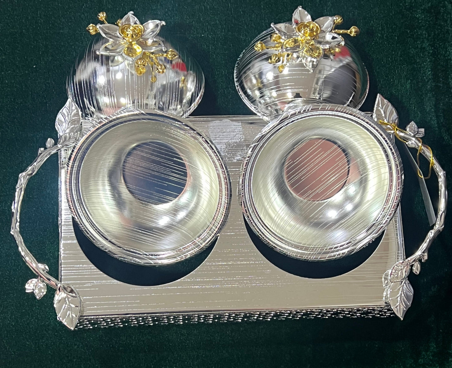 Hiluxe Silver Plated Premium, Exquisite Dry Fruit Set | Rectangular | 2 Bowls+Designer Dome Lid | With Tray | Use in Party | Special Occasions | Gifting - Premium Dry Fruit Set from Hiluxe - Just Rs. 2768! Shop now at Surana Sons