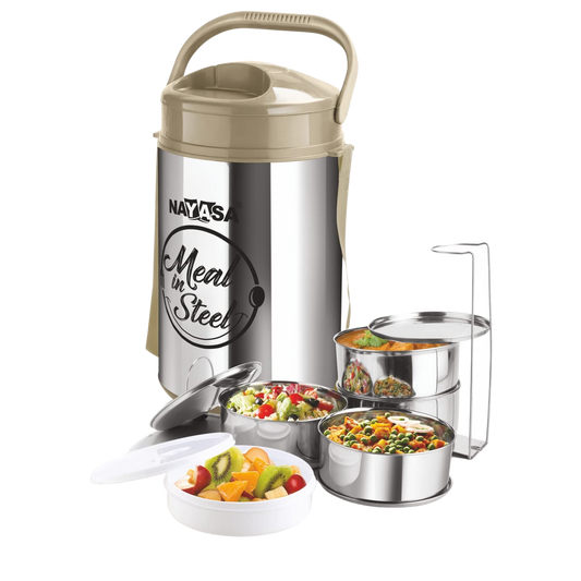 Nayasa Zeal Steel-14, Individual 4 Inner Steel Containers, 1 Salad Container With Lifter, Handle, Easy To Lift, Shoulder Belt, Outer P.U Insulated Body, Airtight Lids - Premium Hot Tiffin from Nayasa - Just Rs. 1499! Shop now at Surana Sons