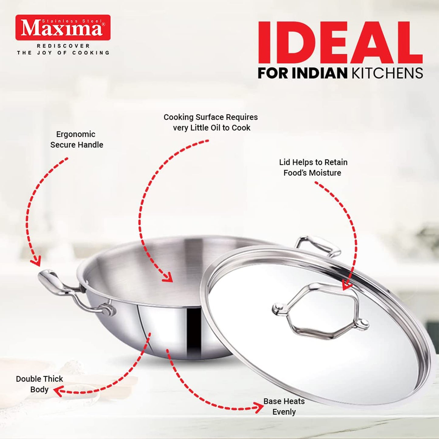 MAXIMA Tri Ply Stainless Steel Kadhai with Stainless Steel Lid | Heat Resistant Handle | Induction Bottom and Dishwasher Compatible - Premium SS Triply Kadhai from Maxima - Just Rs. 1939! Shop now at Surana Sons