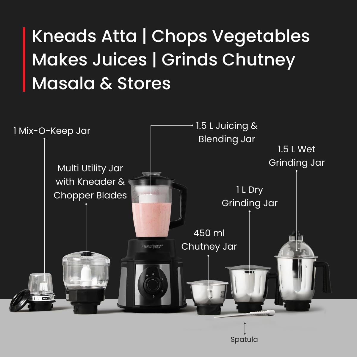 Prestige Endura 1000 W Mixer Grinder, 6 Jars | Kneads Atta | Chops Vegetables | Grinds | Makes Juices - Premium Mixer Grinder from Prestige - Just Rs. 7999! Shop now at Surana Sons