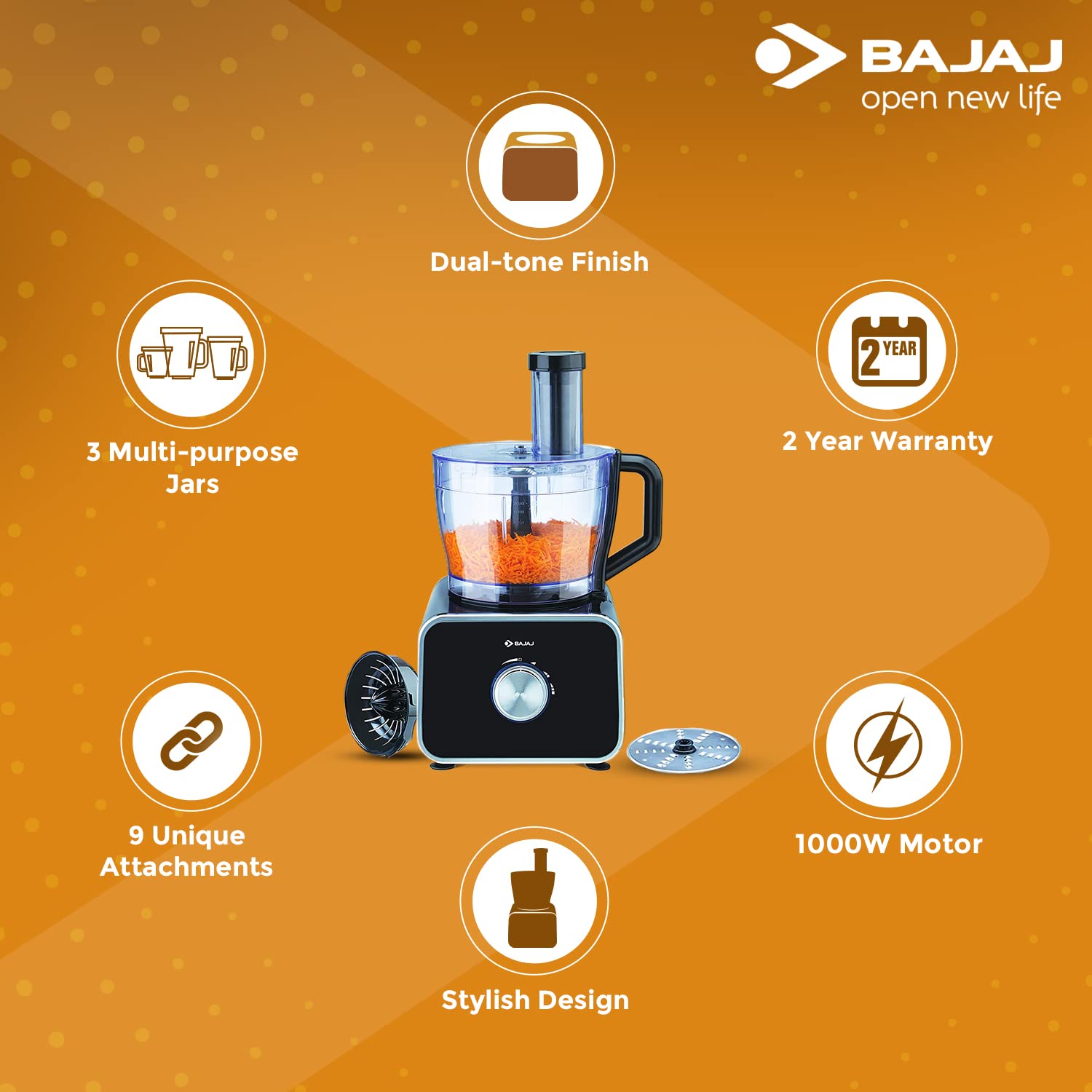 Bajaj Food Processor and Mixer Grinder | All in One Kitchen Need | Food Processor | Juicer | Mixer Grinder | Slicer | Kneader | Mincer | Chipser - Premium Food Processors from Bajaj - Just Rs. 6990! Shop now at Surana Sons