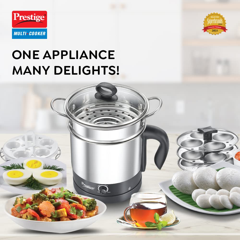 Prestige 1.5L PMC 3.0 Plus |  Multi Kettle/Multi Cooker| With Idli Stand, Egg Boiling Rack & Steamer| Glass Lid with SS Rim - Premium Multi Cooker from Prestige - Just Rs. 1999! Shop now at Surana Sons