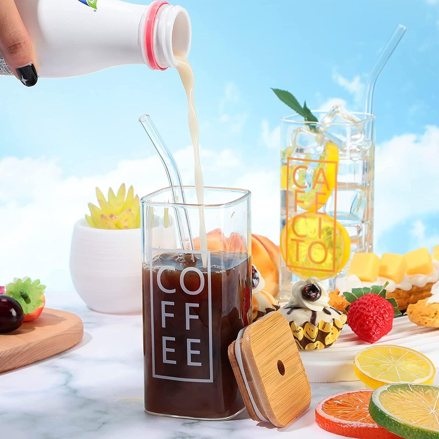 HILUXE Square Glass Mason Jars with Glass Straw and Airtight Wooden Lids for Juice, Iced Tea, Smoothie, Cold Coffee | Feather Light Borosilicate Glass | Set 0f 2 - Premium glass tumblers from Hiluxe - Just Rs. 460! Shop now at Surana Sons