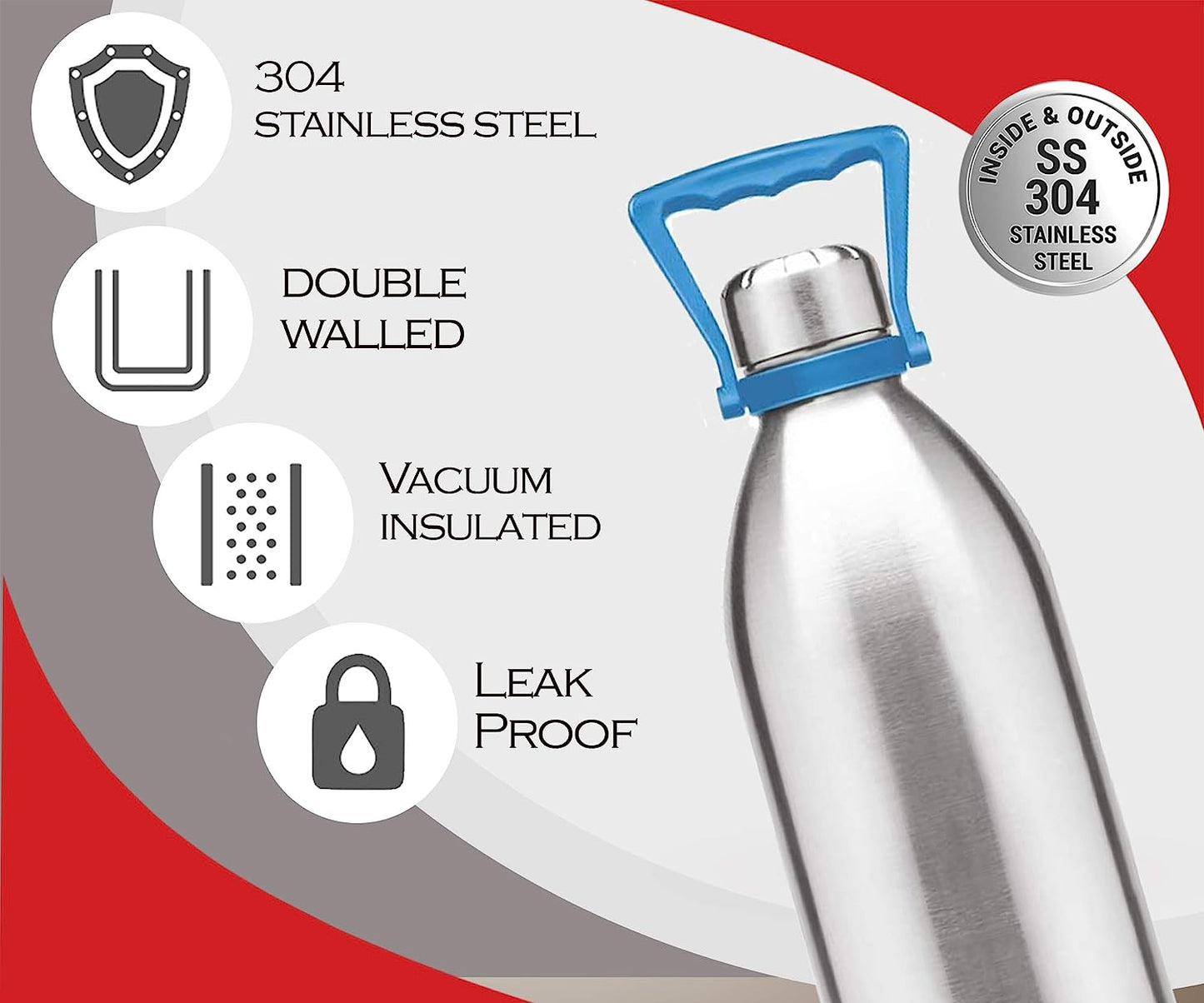 Milton Duo 2000 (1860 ML) Thermosteel 24 Hours Hot and Cold Water Bottle with Handle, 1 Piece, 1.86 Litres, Silver | Leak Proof | - Premium Hot & Cold Steel Vacuum Bottles from Milton - Just Rs. 1750! Shop now at Surana Sons