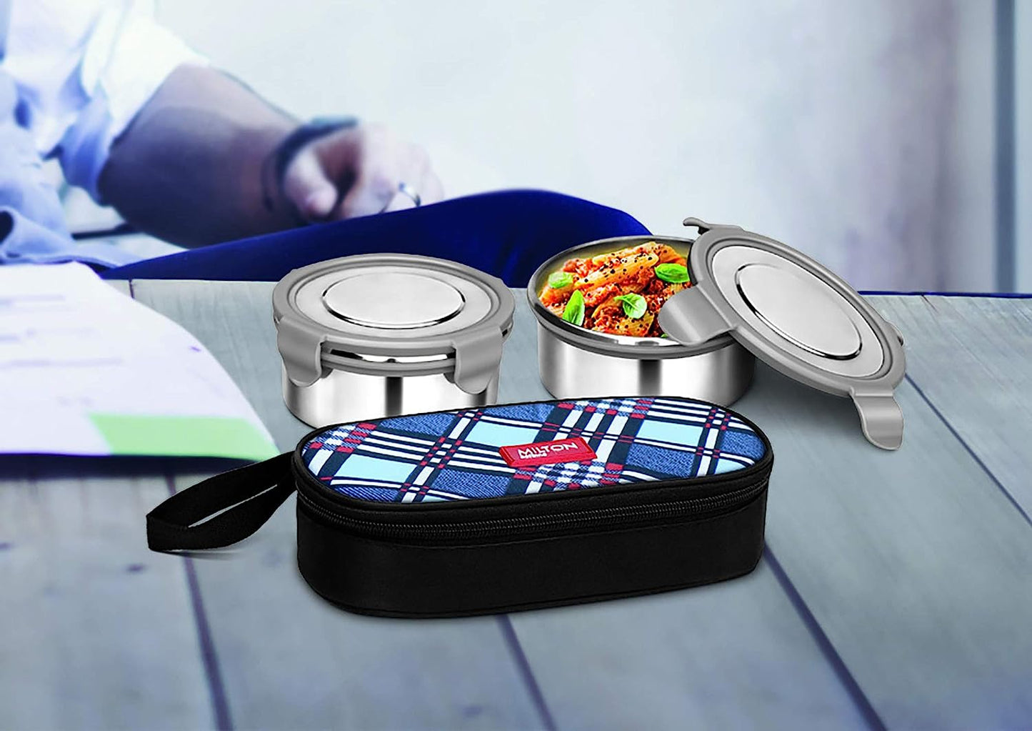 Milton Fresh Meal Click Stainless Steel Lunch Box Flat, 2 SS Containers With Leak Proof ClipLid, 320 ml, Blue Black - Premium Hot Tiffin from Milton - Just Rs. 464! Shop now at Surana Sons