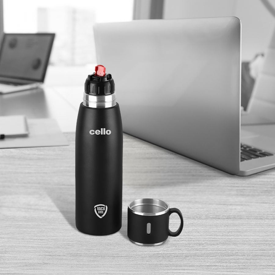 Cello Duro Cupstyle Double Walled, Duro Tuff Steel Series, Vacusteel Water Flask with Durable DTP Coating | With Zip Cover - Premium SS Thermos from Cello - Just Rs. 760! Shop now at Surana Sons