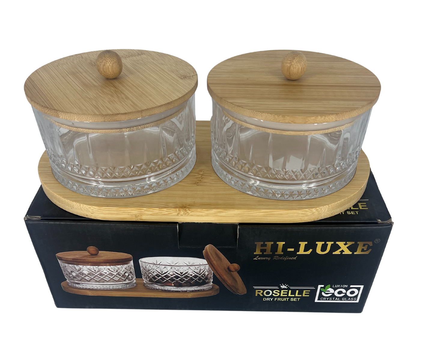 Hiluxe Premium Glass Bowl Set | Dry Fruit | With Wooden Lid & Tray  | 2 Bowl | Home | Gifting | Gift Box | - Premium Dry Fruit Set from Hiluxe - Just Rs. 999! Shop now at Surana Sons