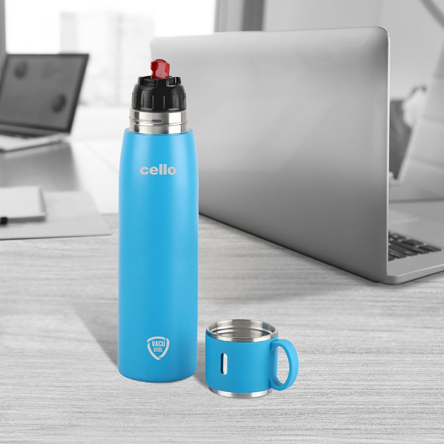 Cello Duro Cupstyle Double Walled, Duro Tuff Steel Series, Vacusteel Water Flask with Durable DTP Coating | With Zip Cover - Premium SS Thermos from Cello - Just Rs. 760! Shop now at Surana Sons