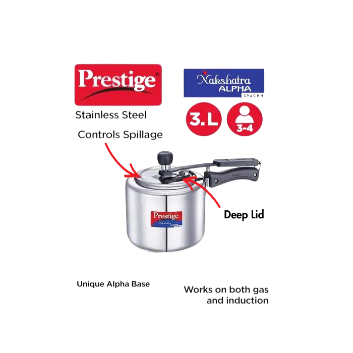 Prestige Nakshatra Alpha Svachh Stainless Steel Spillage Control Inner Lid Pressure Cooker - Premium SS pressure cooker from Prestige - Just Rs. 2189! Shop now at Surana Sons