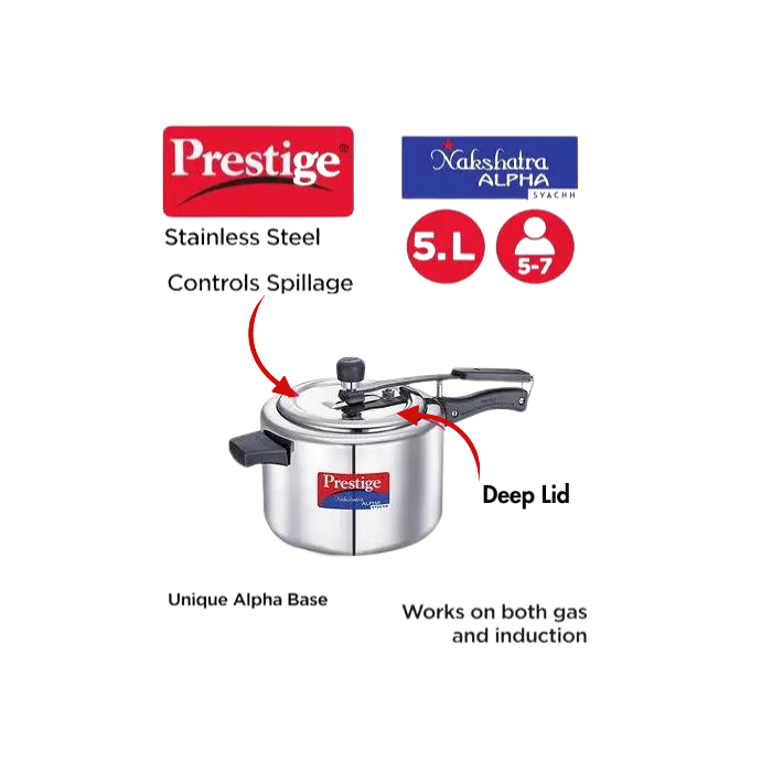 Prestige Nakshatra Alpha Svachh Stainless Steel Spillage Control Inner Lid Pressure Cooker - Premium SS pressure cooker from Prestige - Just Rs. 2189! Shop now at Surana Sons