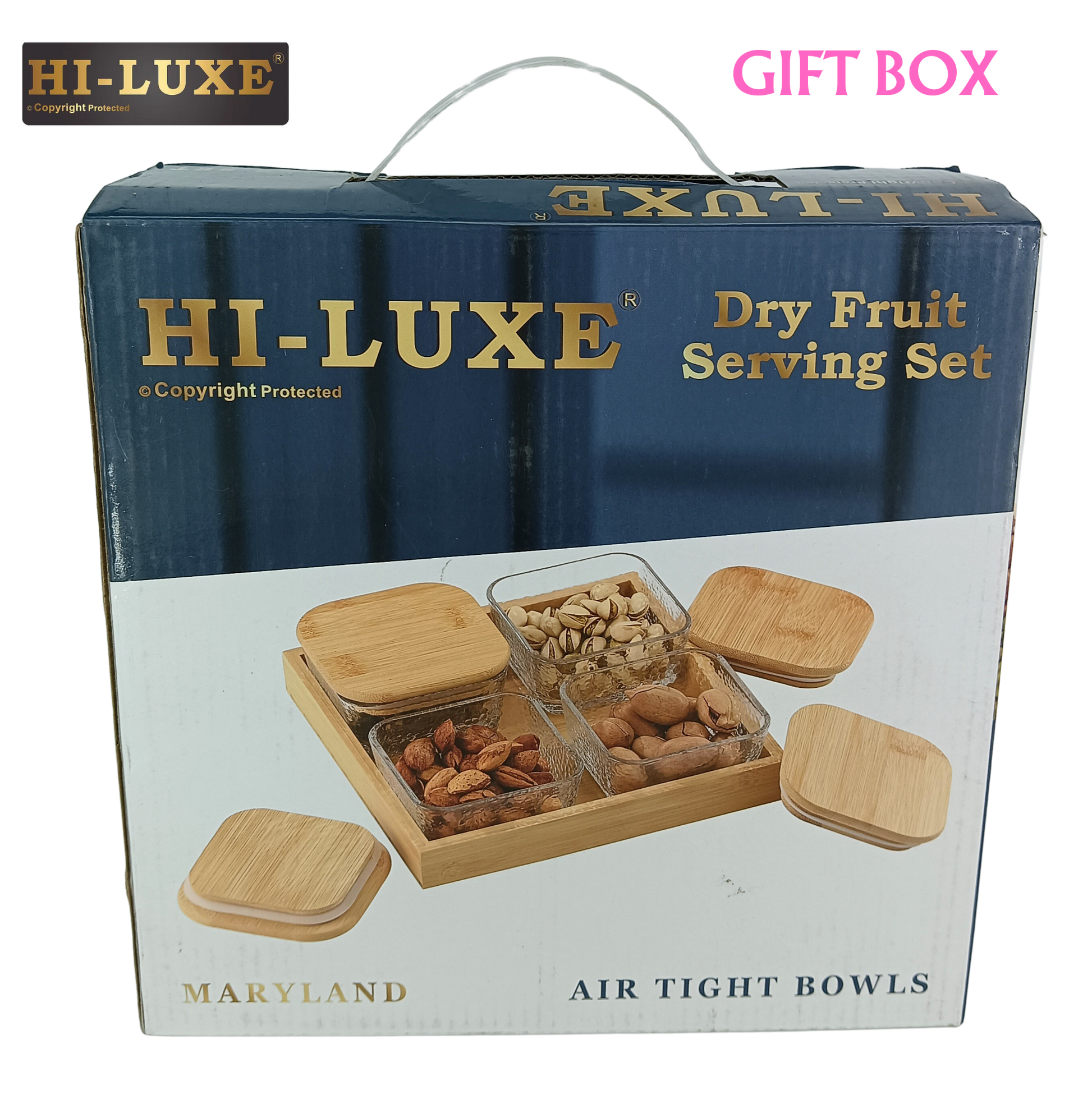 HILUXE Maryland Wooden/Glass Dry Fruit/Snack Server With Airtight Wooden Lid | 4 Square Glass Bowls With Wooden Tray - Premium Dry Fruit Set from Hiluxe - Just Rs. 1238! Shop now at Surana Sons