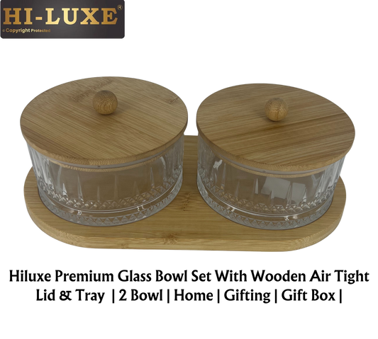 Hiluxe Premium Glass Bowl Set | Dry Fruit | With Wooden Lid & Tray  | 2 Bowl | Home | Gifting | Gift Box | - Premium Dry Fruit Set from Hiluxe - Just Rs. 999! Shop now at Surana Sons