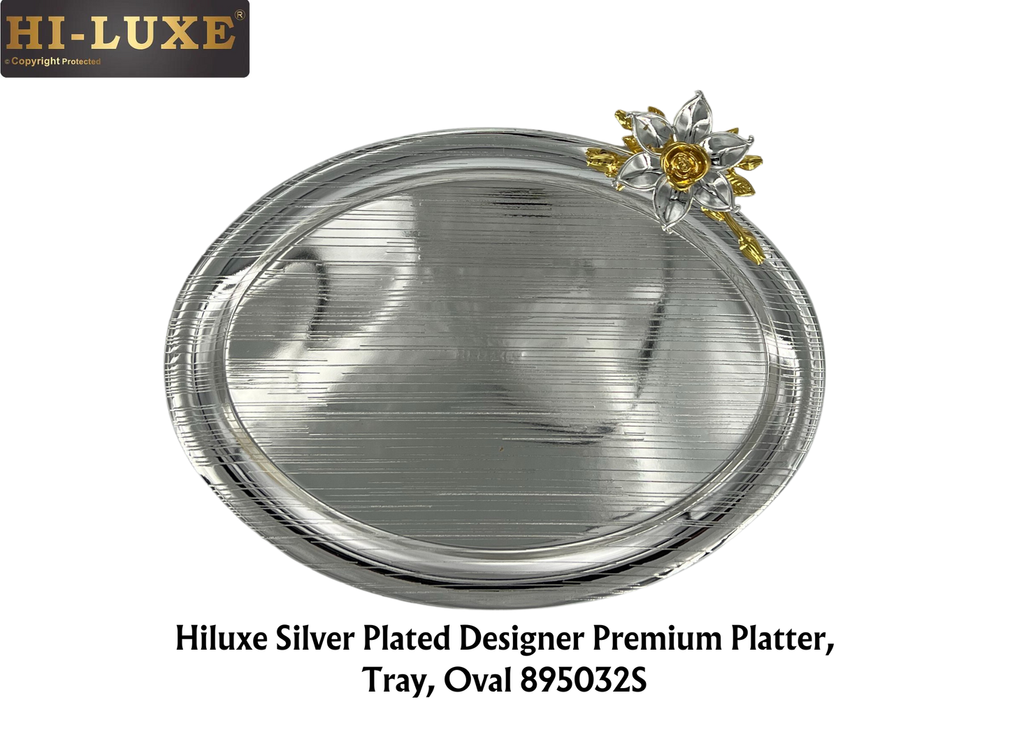 Hiluxe Silver Plated Designer Premium Platter, Tray, Oval | Ideal For Serving, Gifting, Decoration | Gift Box