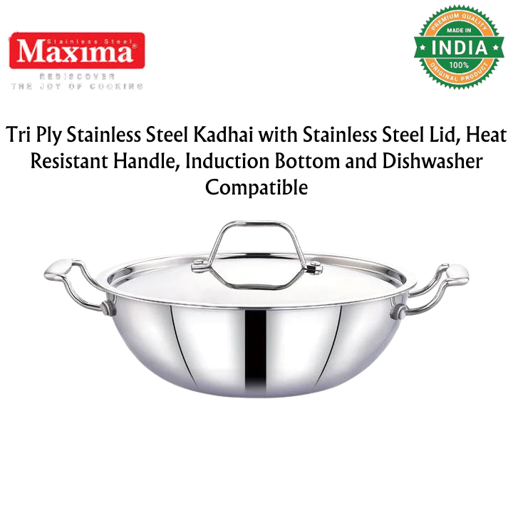 MAXIMA Tri Ply Stainless Steel Kadhai with Stainless Steel Lid | Heat Resistant Handle | Induction Bottom and Dishwasher Compatible - Premium SS Triply Kadhai from Maxima - Just Rs. 1939! Shop now at Surana Sons