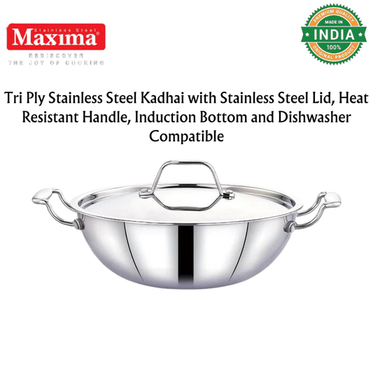 MAXIMA Tri Ply Stainless Steel Kadhai with Stainless Steel Lid | Heat Resistant Handle | Induction Bottom and Dishwasher Compatible - Premium SS Triply Kadhai from Maxima - Just Rs. 1939! Shop now at Surana Sons