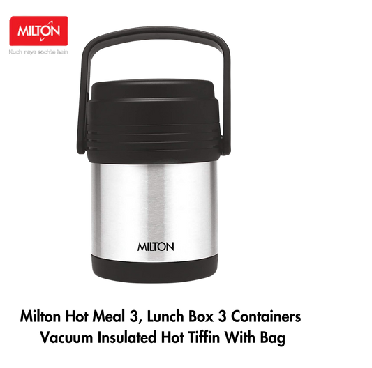 Milton Thermosteel Hot Meal 3 Lunch Box 3 Containers | Vacuum Insulated Hot Tiffin | With Bag | Silver - Premium SS Hot Tiffin from Milton - Just Rs. 1608! Shop now at Surana Sons