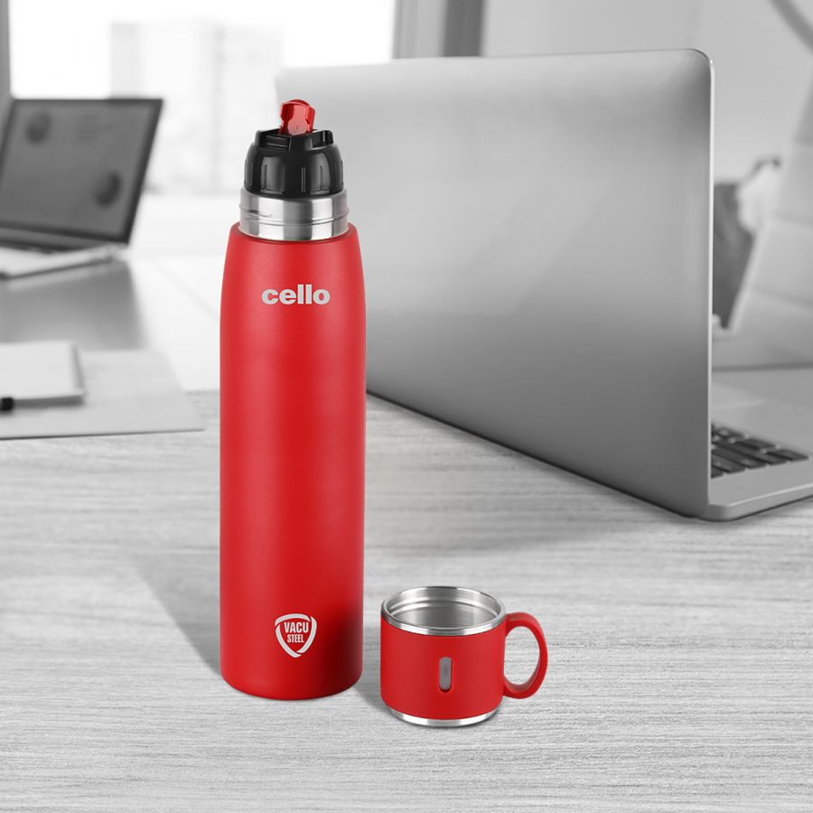 Cello Duro Cupstyle Double Walled, Duro Tuff Steel Series, Vacusteel Water Flask with Durable DTP Coating | With Zip Cover - Premium SS Thermos from Cello - Just Rs. 760! Shop now at Surana Sons