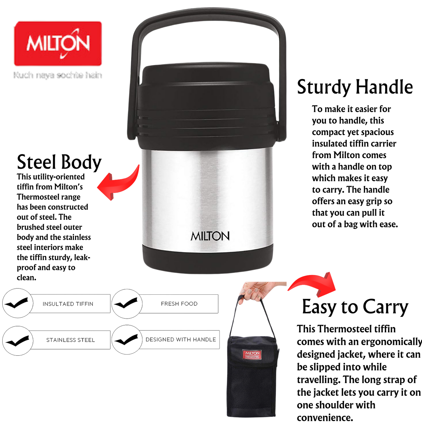 Milton Thermosteel Hot Meal 3 Lunch Box 3 Containers | Vacuum Insulated Hot Tiffin | With Bag | Silver - Premium SS Hot Tiffin from Milton - Just Rs. 1608! Shop now at Surana Sons