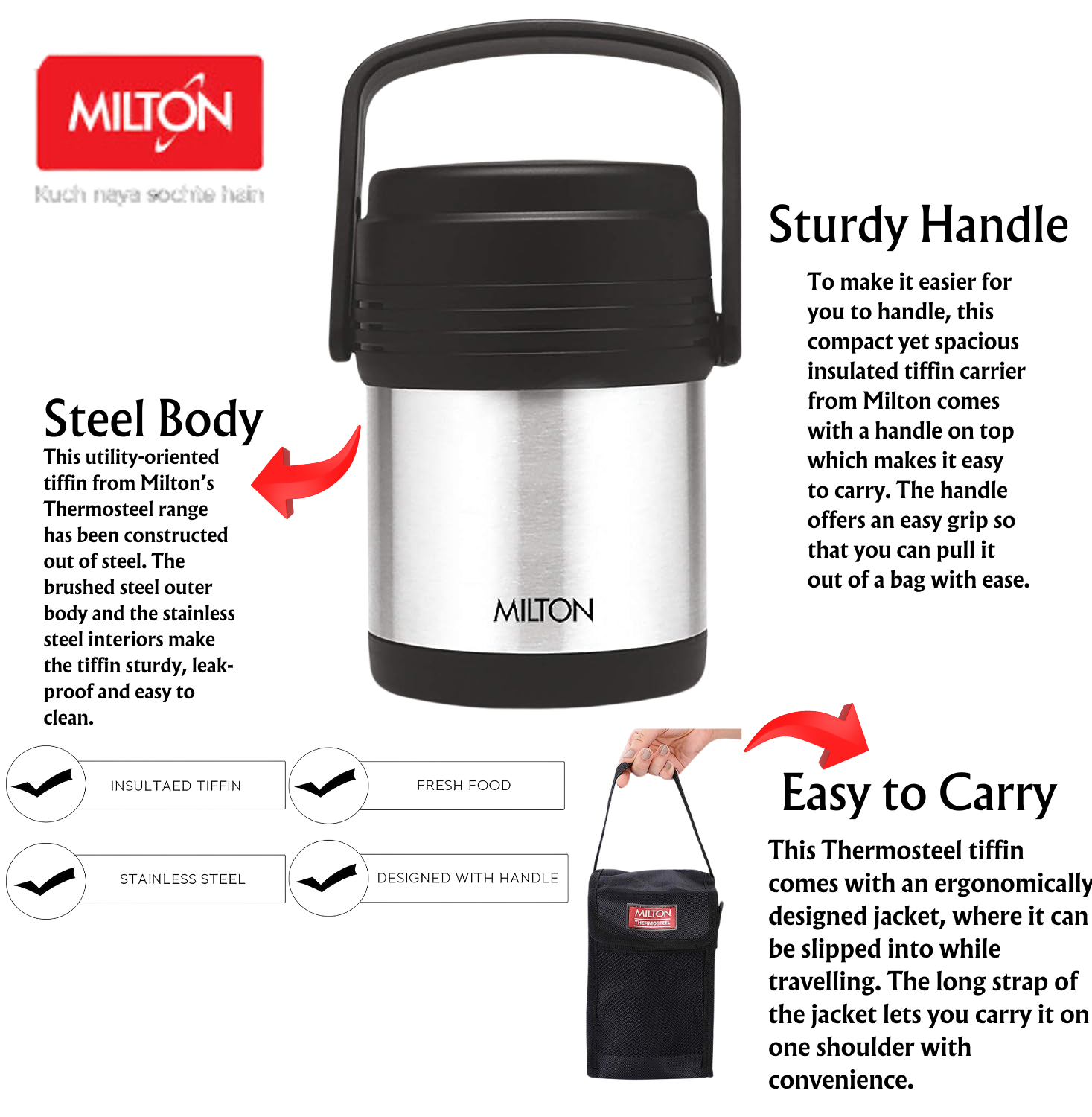 Milton Thermosteel Hot Meal 3 Lunch Box 3 Containers | Vacuum Insulated Hot Tiffin | With Bag | Silver - Premium SS Hot Tiffin from Milton - Just Rs. 1608! Shop now at Surana Sons