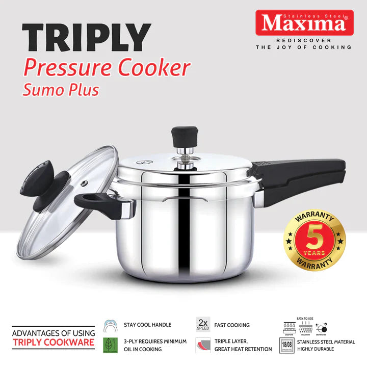 Maxima Triply Stainless Steel Outer Lid Sumo/Sumo Plus Pressure Cooker (Induction Friendly) - Premium ss triply pressure cookers from Maxima - Just Rs. 2186! Shop now at Surana Sons