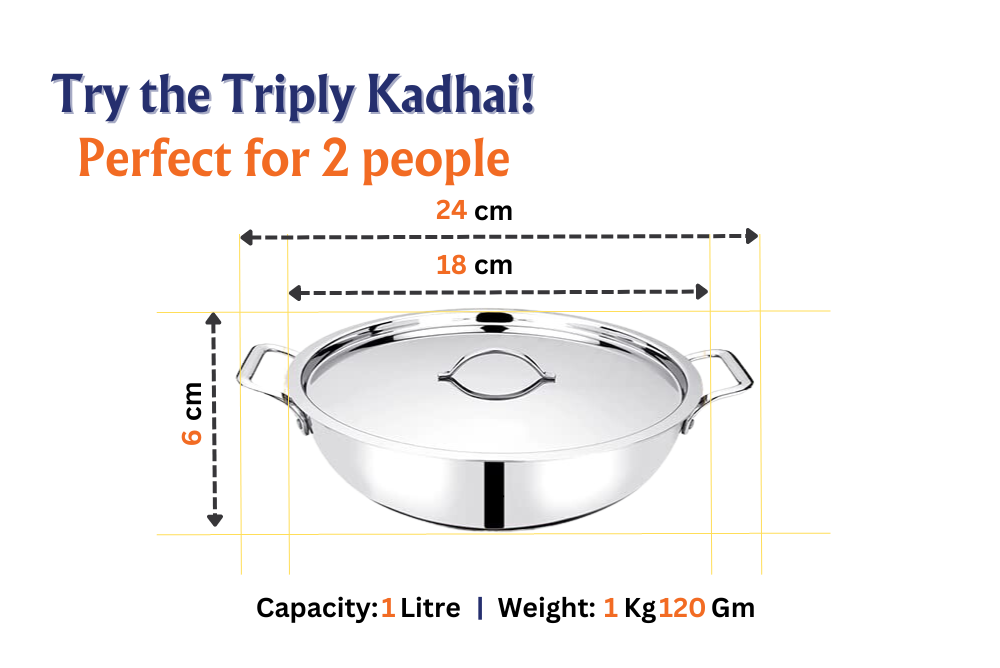 Bhalaria Food Grade Stainless Steel Triply Kadhai with Lid & Handle - 18 Cm, 1 Ltr (Induction and Dishwasher Compatible) - Premium  from Bhalaria - Just Rs. 1599! Shop now at Surana Sons