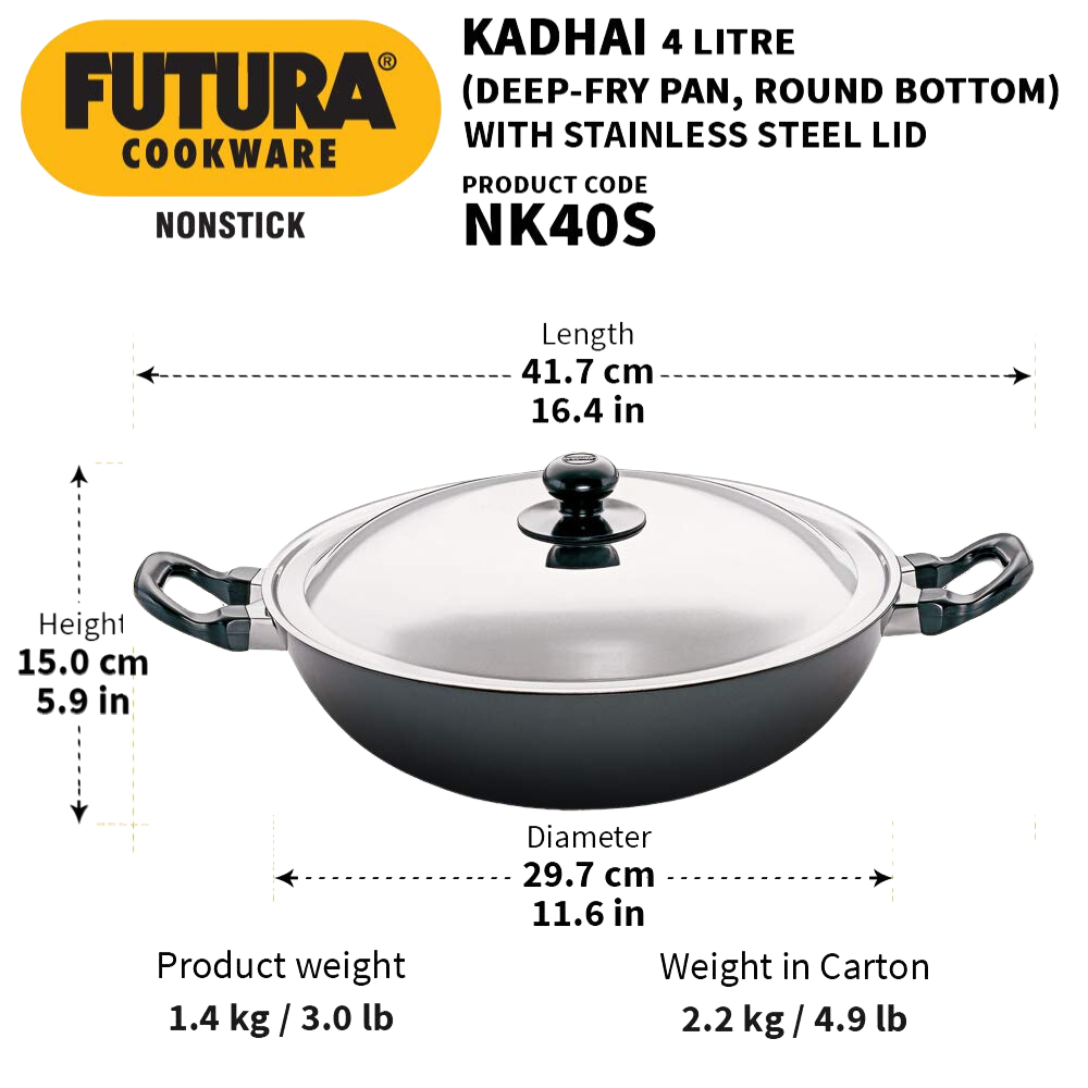 Hawkins Futura Round Bottom Nonstick Kadhai | Deep Fry Pan | 4 Ltr with SS lid (Black) CODE:NK40S - Premium Nonstick pan kadhai from hawkins futura - Just Rs. 2048! Shop now at Surana Sons