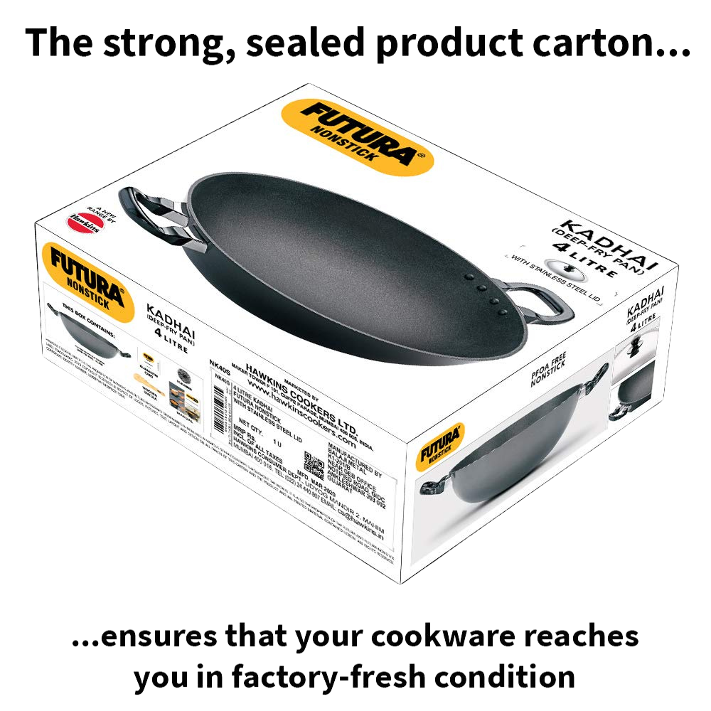 Hawkins Futura Round Bottom Nonstick Kadhai | Deep Fry Pan | 4 Ltr with SS lid (Black) CODE:NK40S - Premium Nonstick pan kadhai from hawkins futura - Just Rs. 2048! Shop now at Surana Sons