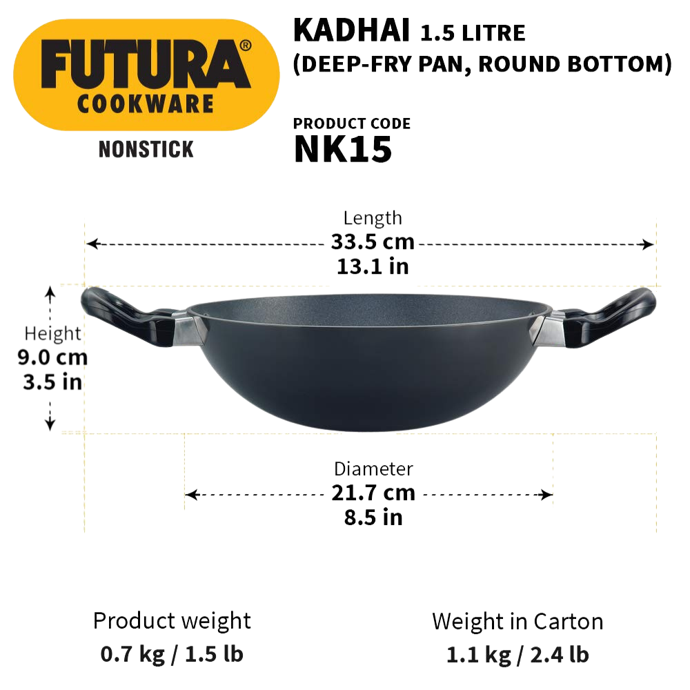 Hawkins Futura Deep-Fry Pan (Round Bottom) 1.5 Litre | Kadhai - Premium Nonstick pan kadhai from Hawkins Futura - Just Rs. 1013! Shop now at Surana Sons