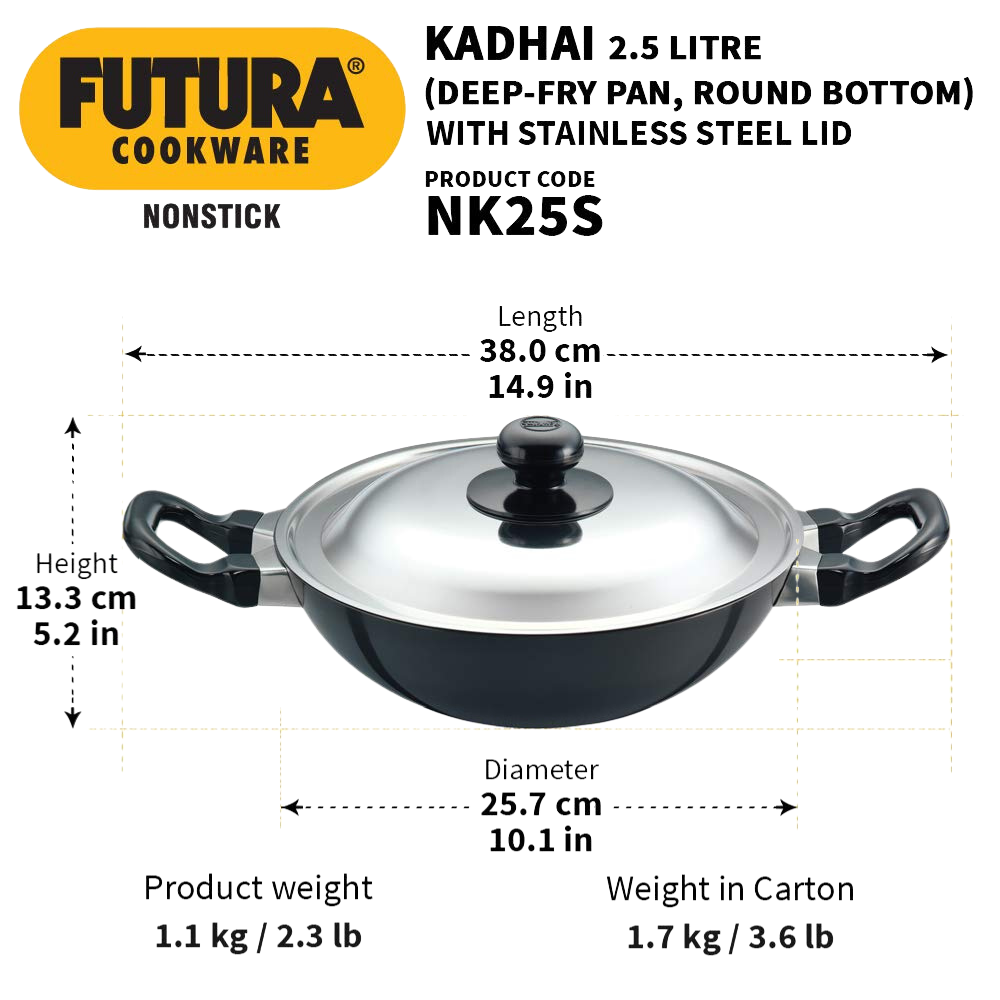 Hawkins Futura Round Bottom Nonstick Kadhai, Deep Fry Pan, 2.5 Ltr with SS lid (Black) CODE:NK25S - Premium Nonstick pan kadhai from hawkins futura - Just Rs. 1575! Shop now at Surana Sons