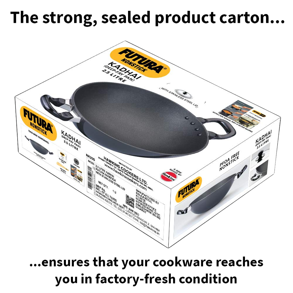 Hawkins Futura Round Bottom Nonstick Kadhai, Deep Fry Pan, 2.5 Ltr with SS lid (Black) CODE:NK25S - Premium Nonstick pan kadhai from hawkins futura - Just Rs. 1575! Shop now at Surana Sons