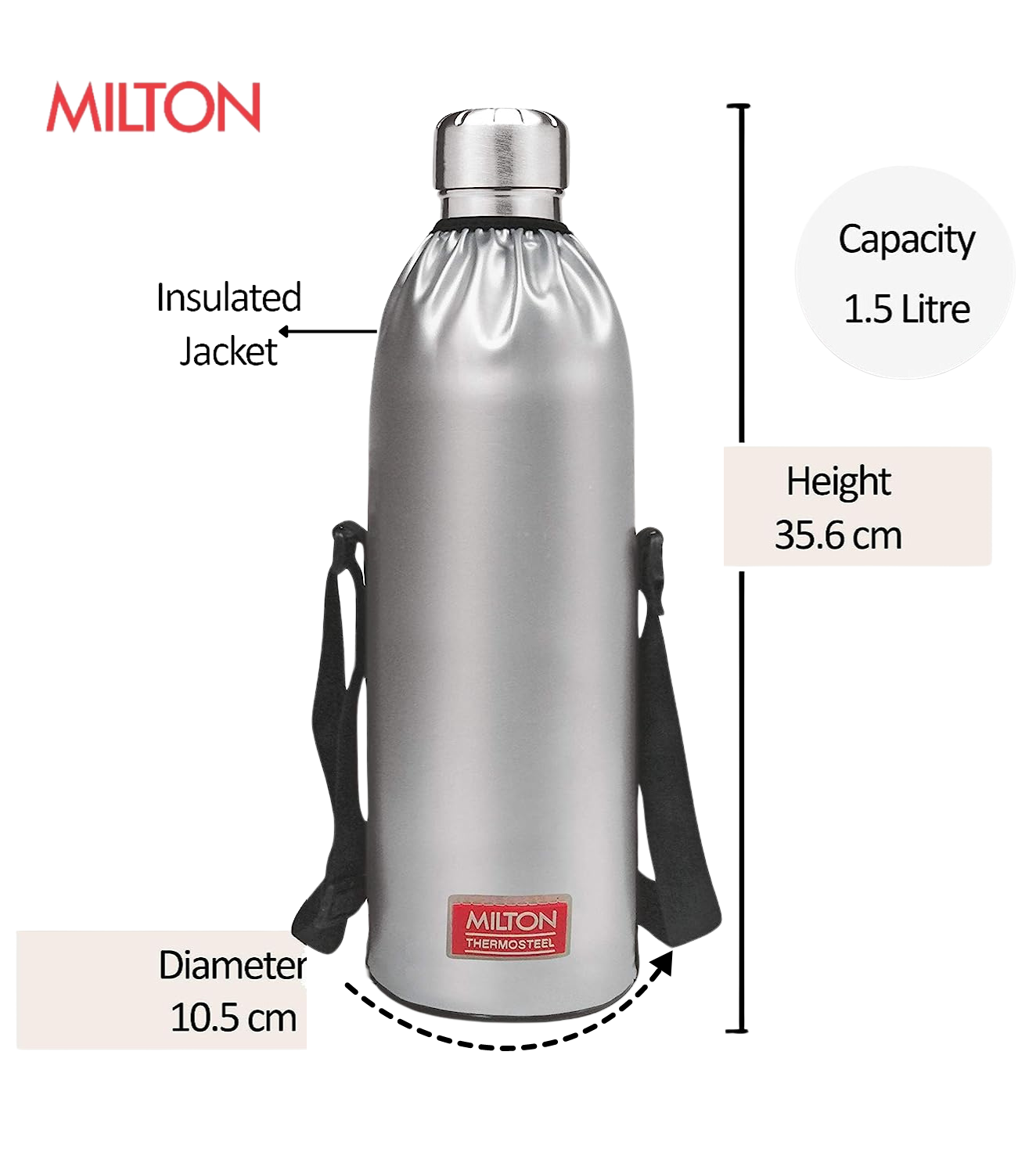 Milton Duo DLX 1500 Thermosteel 24 Hours Hot and Cold Water Bottle with Bag, 1 Piece, 1.5 Litre, Silver | Leak Proof - Premium Hot & Cold Steel Vacuum Bottles from Milton - Just Rs. 1699! Shop now at Surana Sons