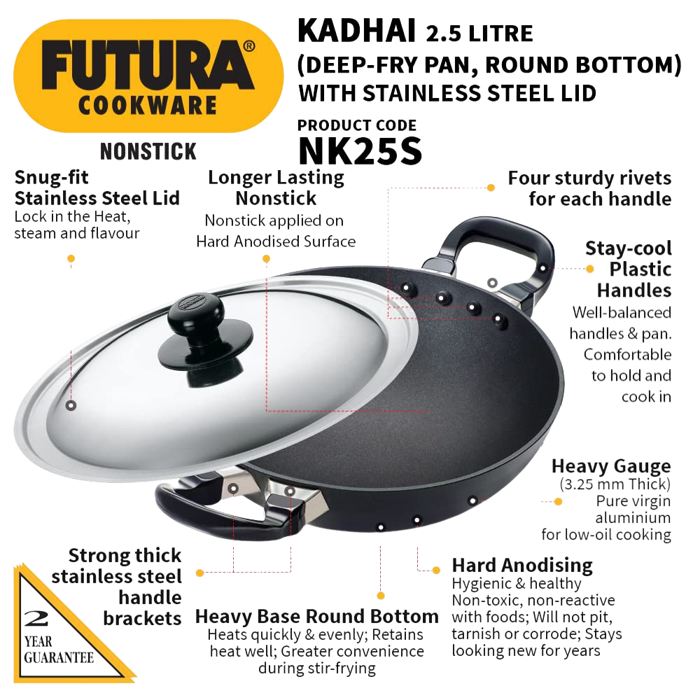 Hawkins Futura Round Bottom Nonstick Kadhai, Deep Fry Pan, 2.5 Ltr with SS lid (Black) CODE:NK25S - Premium Nonstick pan kadhai from hawkins futura - Just Rs. 1575! Shop now at Surana Sons