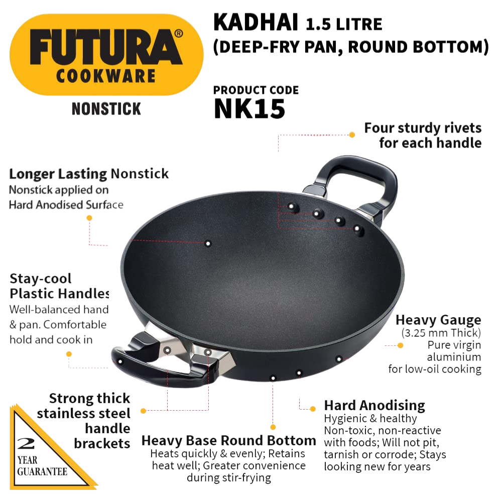 Hawkins Futura Deep-Fry Pan (Round Bottom) 1.5 Litre | Kadhai - Premium Nonstick pan kadhai from Hawkins Futura - Just Rs. 1013! Shop now at Surana Sons