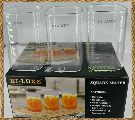 HILUXE Ultra Light Borosilicate Square Water Glass | Set 6 | 270 ML - Premium glass tumblers from Hiluxe - Just Rs. 648! Shop now at Surana Sons