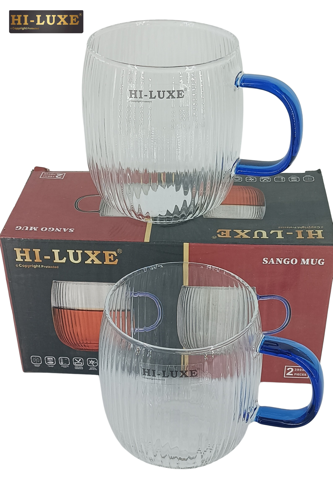 HILUXE Sango Mug Borosilicate | Set of 2 | Juice | Coffee | Tea | Gift Pack