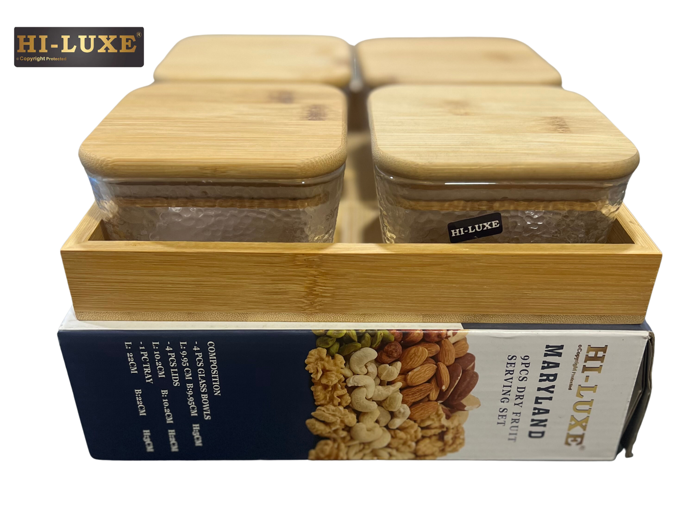 HILUXE Maryland Wooden/Glass Dry Fruit/Snack Server With Airtight Wooden Lid | 4 Square Glass Bowls With Wooden Tray - Premium Dry Fruit Set from Hiluxe - Just Rs. 1238! Shop now at Surana Sons