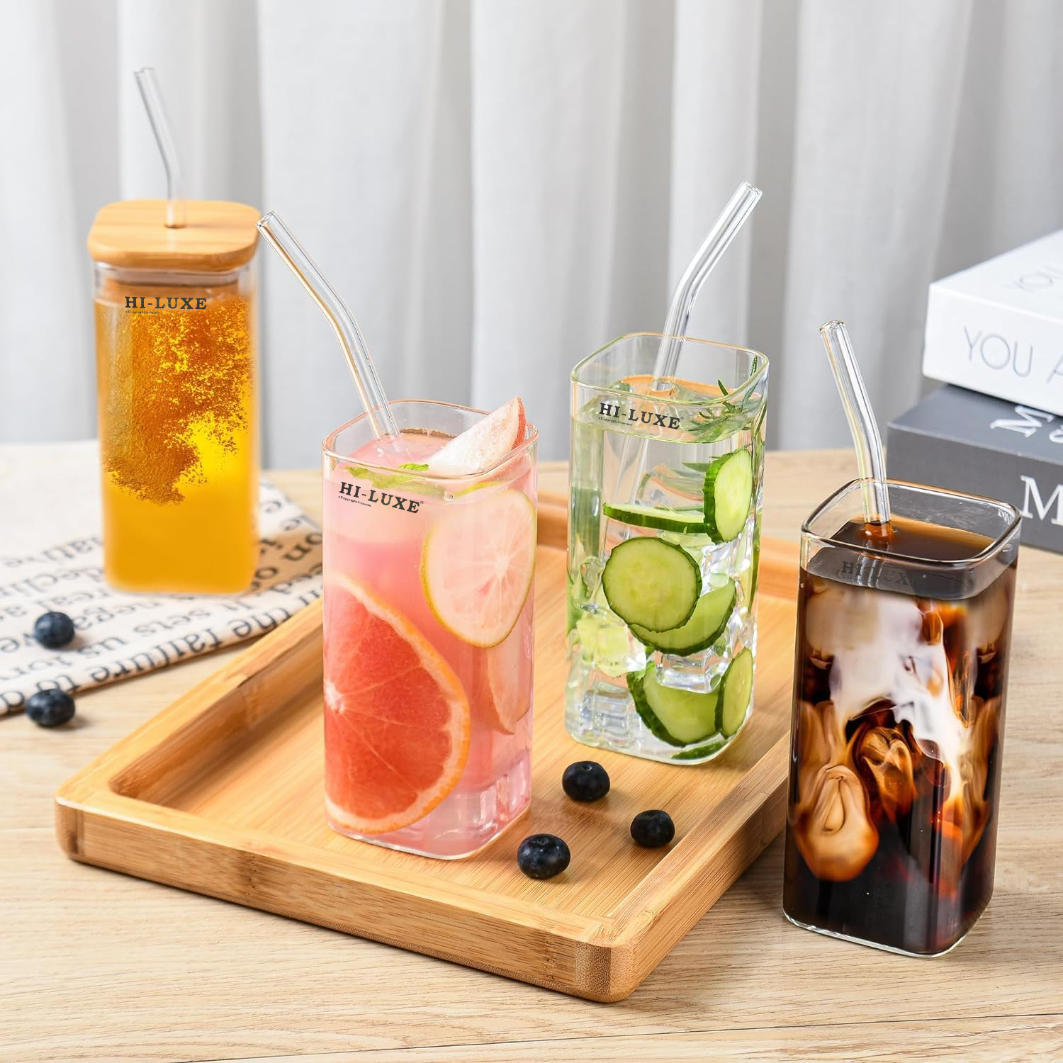 HILUXE Square Glass Mason Jars with Glass Straw and Airtight Wooden Lids for Juice, Iced Tea, Smoothie, Cold Coffee | Feather Light Borosilicate Glass | Set 0f 2 - Premium glass tumblers from Hiluxe - Just Rs. 460! Shop now at Surana Sons