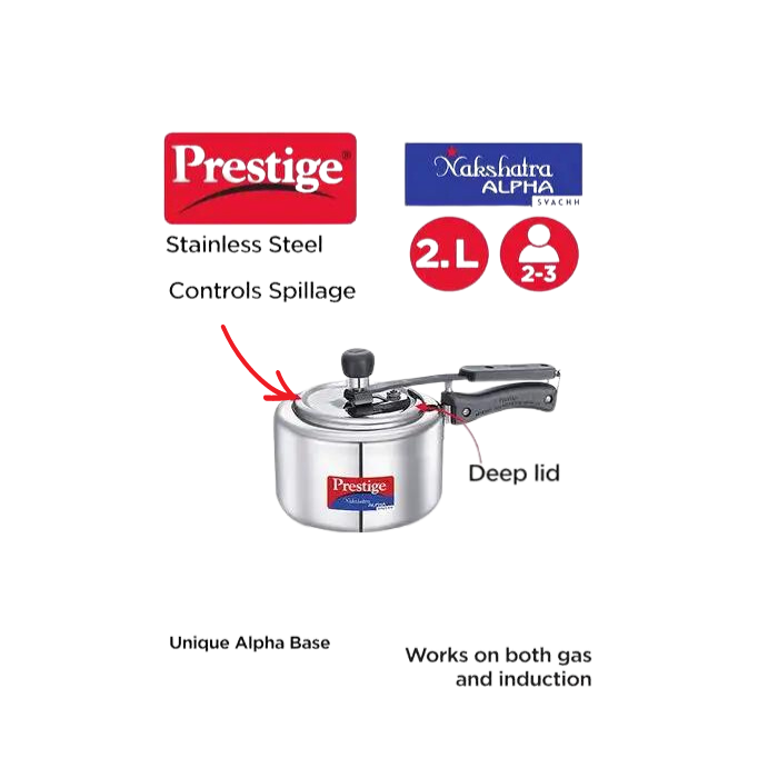 Prestige Nakshatra Alpha Svachh Stainless Steel Spillage Control Inner Lid Pressure Cooker - Premium SS pressure cooker from Prestige - Just Rs. 2189! Shop now at Surana Sons