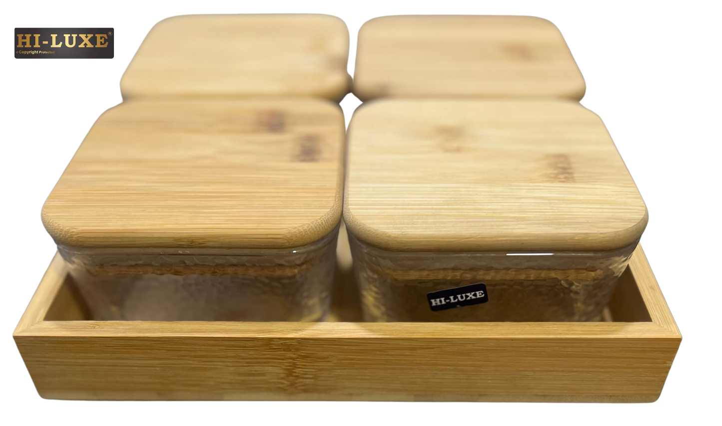 HILUXE Maryland Wooden/Glass Dry Fruit/Snack Server With Airtight Wooden Lid | 4 Square Glass Bowls With Wooden Tray - Premium Dry Fruit Set from Hiluxe - Just Rs. 1238! Shop now at Surana Sons