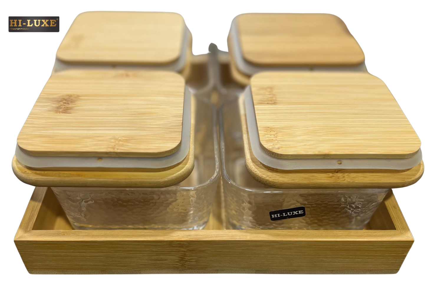 HILUXE Maryland Wooden/Glass Dry Fruit/Snack Server With Airtight Wooden Lid | 4 Square Glass Bowls With Wooden Tray - Premium Dry Fruit Set from Hiluxe - Just Rs. 1238! Shop now at Surana Sons