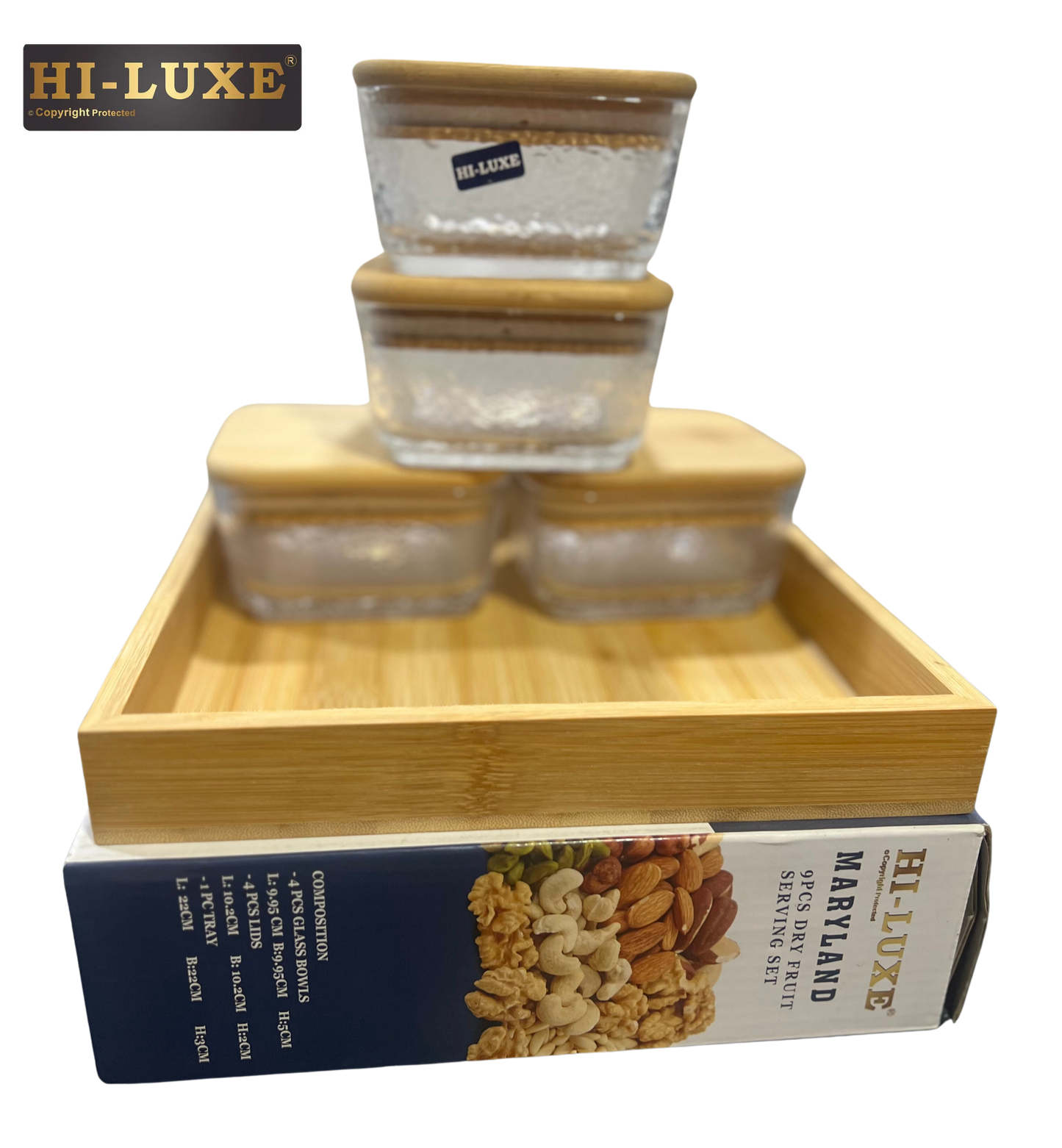 HILUXE Maryland Wooden/Glass Dry Fruit/Snack Server With Airtight Wooden Lid | 4 Square Glass Bowls With Wooden Tray - Premium Dry Fruit Set from Hiluxe - Just Rs. 1238! Shop now at Surana Sons