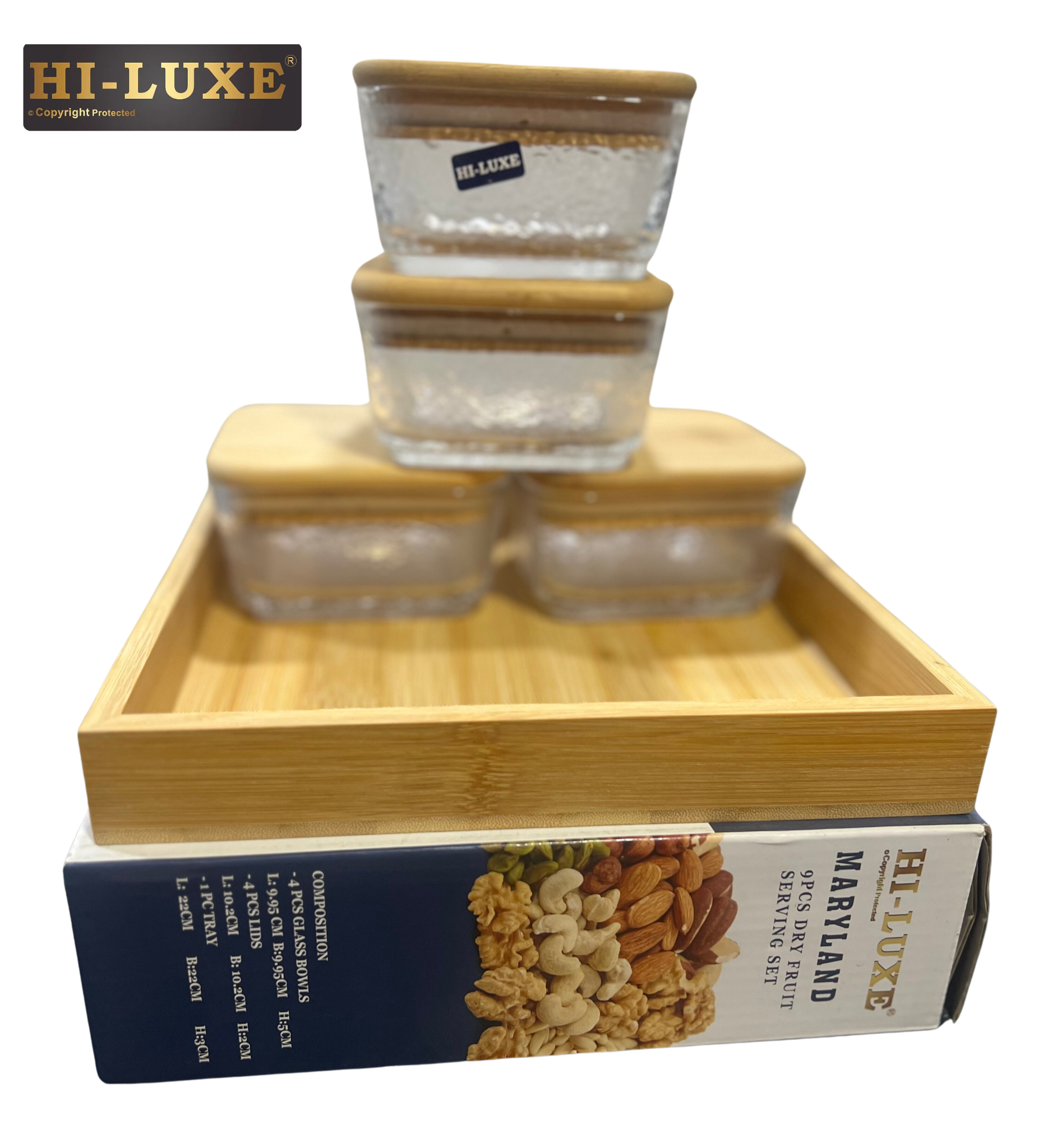 HILUXE Maryland Wooden/Glass Dry Fruit/Snack Server With Airtight Wooden Lid | 4 Square Glass Bowls With Wooden Tray - Premium Dry Fruit Set from Hiluxe - Just Rs. 1238! Shop now at Surana Sons