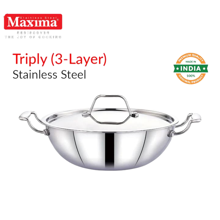 MAXIMA Tri Ply Stainless Steel Kadhai with Stainless Steel Lid | Heat Resistant Handle | Induction Bottom and Dishwasher Compatible - Premium SS Triply Kadhai from Maxima - Just Rs. 1939! Shop now at Surana Sons