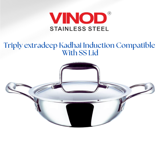 Vinod Platinum Triply Stainless Steel Extra Deep Kadhai with Stainless Steel Lid Silver (Induction and Gas Stove Friendly) - Premium SS Triply Kadhai from Vinod - Just Rs. 2293! Shop now at Surana Sons