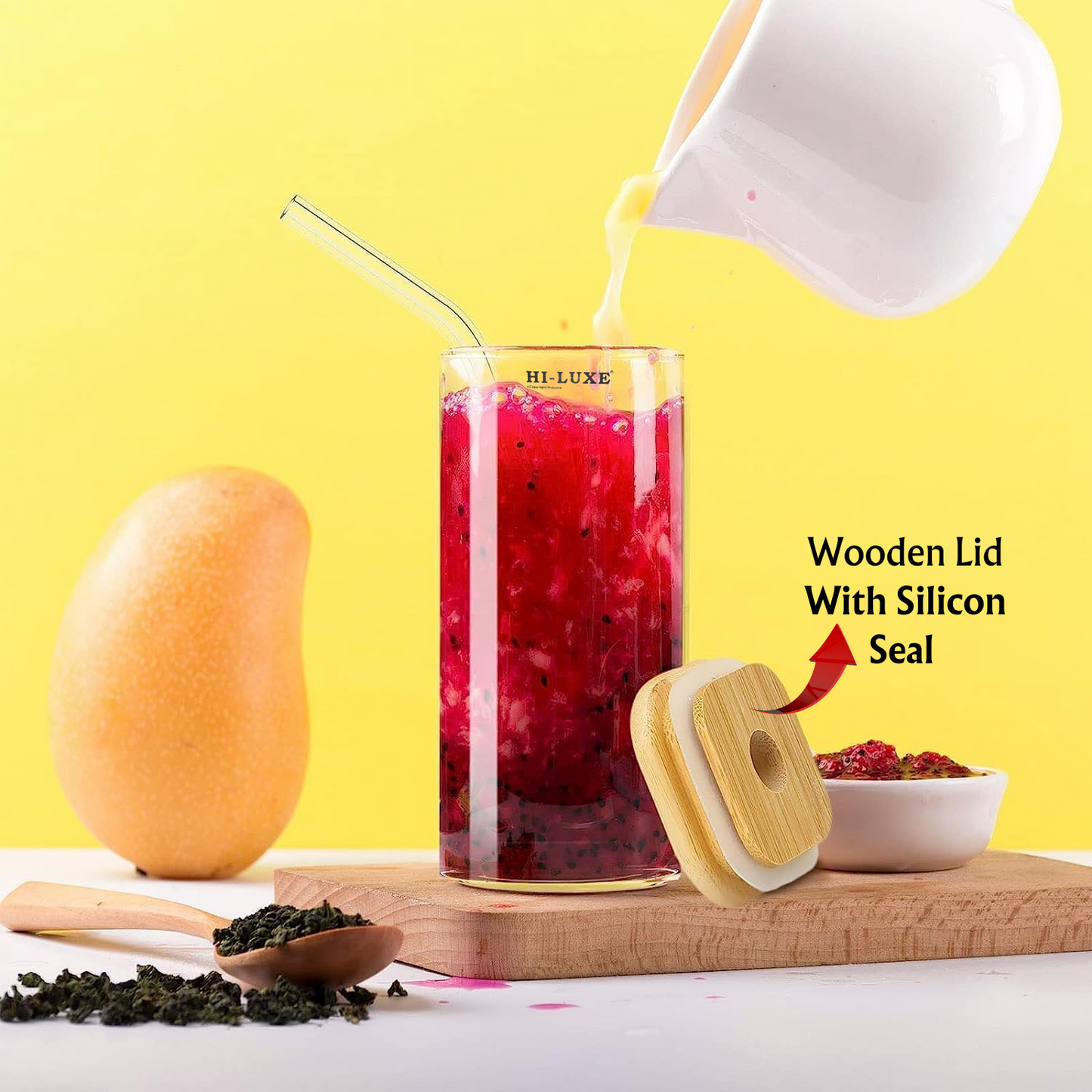 HILUXE Square Glass Mason Jars with Glass Straw and Airtight Wooden Lids for Juice, Iced Tea, Smoothie, Cold Coffee | Feather Light Borosilicate Glass | Set 0f 2 - Premium glass tumblers from Hiluxe - Just Rs. 460! Shop now at Surana Sons