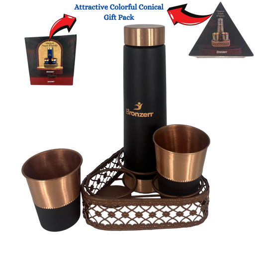 Bronzerr Copper Premium Bottle & Glass Set With Tray | Set 3 | Elegant | Special Conical Gift Box | Home | Gift - Premium copper water bottles from Bronzerr - Just Rs. 2170! Shop now at Surana Sons